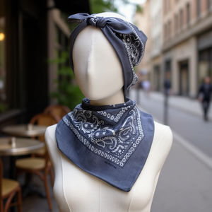 Écharpe carrée en coton Angelina 54x54cm, imprimé Paisley bleu gris, couvre-chef multifonctionnel - Product Image 3