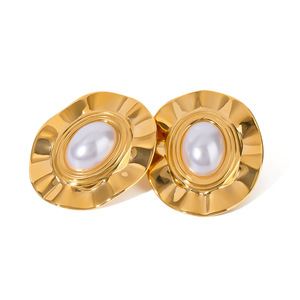 Geometric Pearl <b>Stud</b> Earrings Gold Oval Bezel Setting <b>Titanium</b> Steel Everyday Wear - Product Image 1