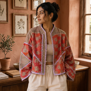 <b>Vintage</b> Lightweight Reversible Kantha Quilted Jacket Handmade Cotton Woven Floral Patchwork Women's Autumn/Winter Outerwear - Product Image 2