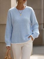 Pull en maille côtelée kaki pour femme, col rond, bordure contrastante en fourrure, manches longues, coupe ample