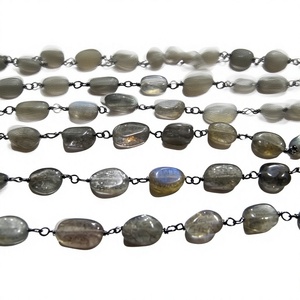 Natural Labradorite Oval Shape Plain Smooth 6x8mm Approx Size Beaded Wire Wrapped <b>Rosary</b> Chain - Product Image 1