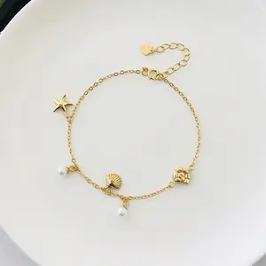 Hawaiian Jewelry Wholesale Bracelet Gold Plated Sterling Silver 925 Jewelry Starfish Pearl Shell Charm Bracelets
