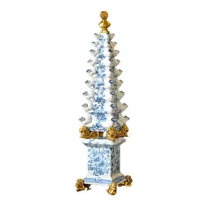 Chinese Export Style Blue and White Porcelain and Brass-Mounted Obelisks tower