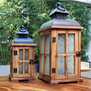 CVHOMEDECO. Decorative Rustic Vintage Wood <strong>Candle</strong> <strong>Lantern</strong> with <strong>Black</strong> <strong>Metal</strong> Top and Embossed Glass Inserts for <strong>Outdoor</strong> Decor