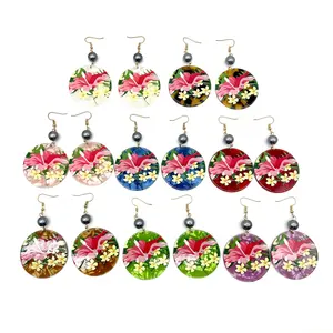 New Polynesian Style Round Shape With Flower Printed Pearl Dangle Earrings Acrylic Plastic Various Color Earrings