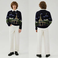 Pull en tricot personnalisé pour homme, col rond bleu marine, broderie scénique Nuit de Paris, jacquard intarsia, pull graphique en tricot pour homme, vente en gros