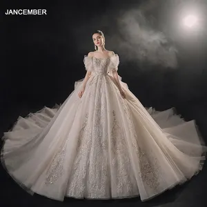 100% foto asli 2024 koleksi baru gaun pesta gaun pernikahan mewah bahu terbuka renda applique gaun pengantin Lsmx067