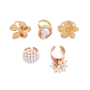 Meistverkauftes Modisches Damen Retro Blumen Perlen Vergoldetes Offenes Ringset 5-teilig Geometrisches Asymmetrisches Ringset - Product Image 5