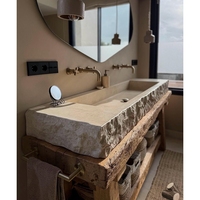 Évier mural populaire en travertin naturel pour salle de bain moderne, villa, hôtel, décoration intérieure de salle de bain