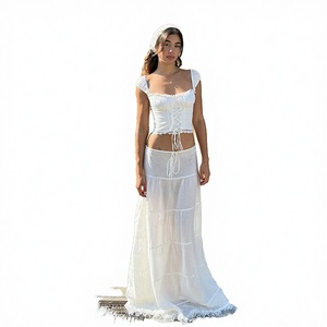 2026 Summer Women's Vacation Fairycore Sets Woven Tunic Bandage Short Crop Top <b>Patchwork</b> Lace Midi <b>Skirts</b> Worsted Ropa Wholesale - Product Image 4