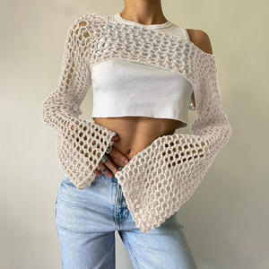 HANO Langarm Stricken Crop Tops Frauen Sommerfest Strand Sexy Hollow Out Kittel T-Shirts Fairy Y2k Kleidung - Product Image 4