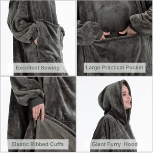 Modern <strong>Oversized</strong> Sherpa Hooded Flannel Pullover Sweater Character for <strong>Men</strong> Women Loose Fit Warm Wearable <strong>Blanket</strong> Quilted Woven - Product Image 4