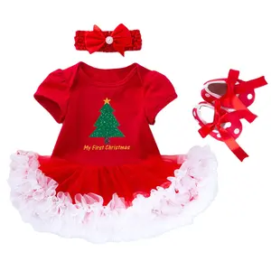 Macacão de bebê com estampa de desenho animado de manga curta para o dia de Natal com bandana sapatos vermelho e branco terno de três peças