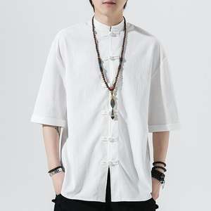 <span class=keywords><strong>M</strong></span>-5XL男式棉麻短袖衬衫男式中式官领修身t恤夏季上衣男式衬衫 - Product Image 3