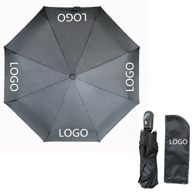 Toptan özel hediye özel yağmur düz renk süper su geçirmez rüzgar geçirmez otomatik üç katlanır şemsiye