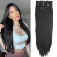 Extensions de cheveux synthétiques MEILASI longues et lisses à clipser, noir naturel, résistantes à la chaleur, fil haute température, 24 pouces