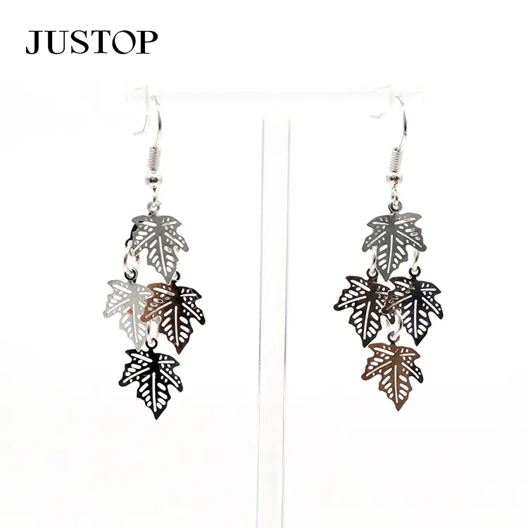 Luxury Silver Tone Leaf Cluster Dangling Brass Hook Pendant Earrings for Women Boho Jewelry