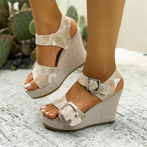 Women Platform Wedge Sandals Wholesale Summer European and American Style Belt Buckle Printed Peep Toe Sandals - Product Image 2