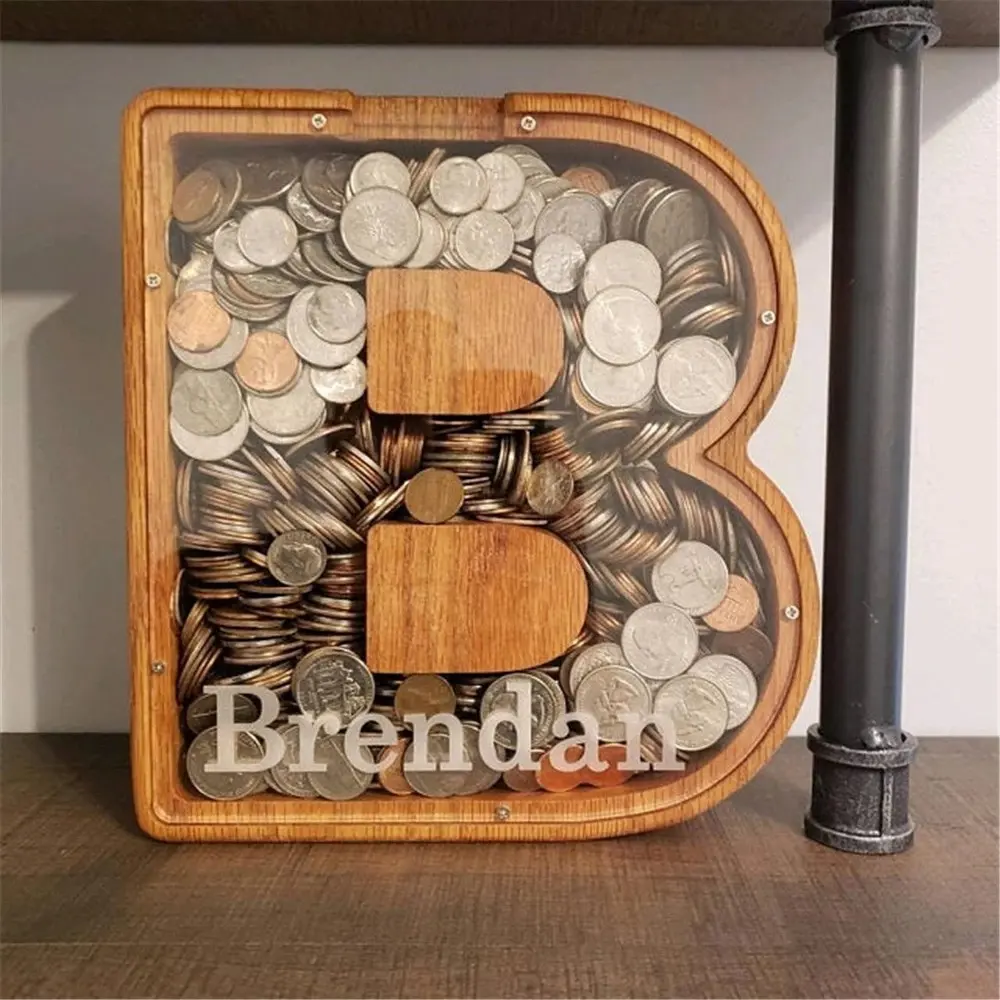 Personalized Alphabet Money Bank Large-Capacity 26 Letters Wooden Letter Piggy Bank Money Box for Boys Girls