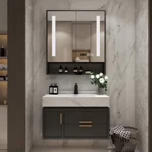 Moderno madera granito moderno pequeño baño vanidad diseño espejo fregadero muebles de baño gabinete