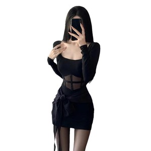 Mesh Bodycon Dress For Women Black Stretch Sheer Solid Color Autumn Winter Wear - Product Image 5