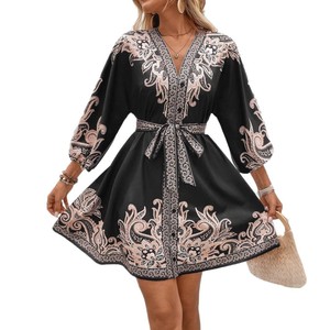 Vestido Étnico Retro Europeo 2026 para Otoño, Elegante, con Cuello en V, Estampado Paisley, Chifón, Casual - Product Image 2