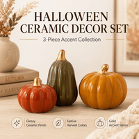 Ensemble de 3 ornements en céramique en forme de citrouille, décoration d'automne pour la maison, décoration de table de salon, décorations de fête d'Halloween