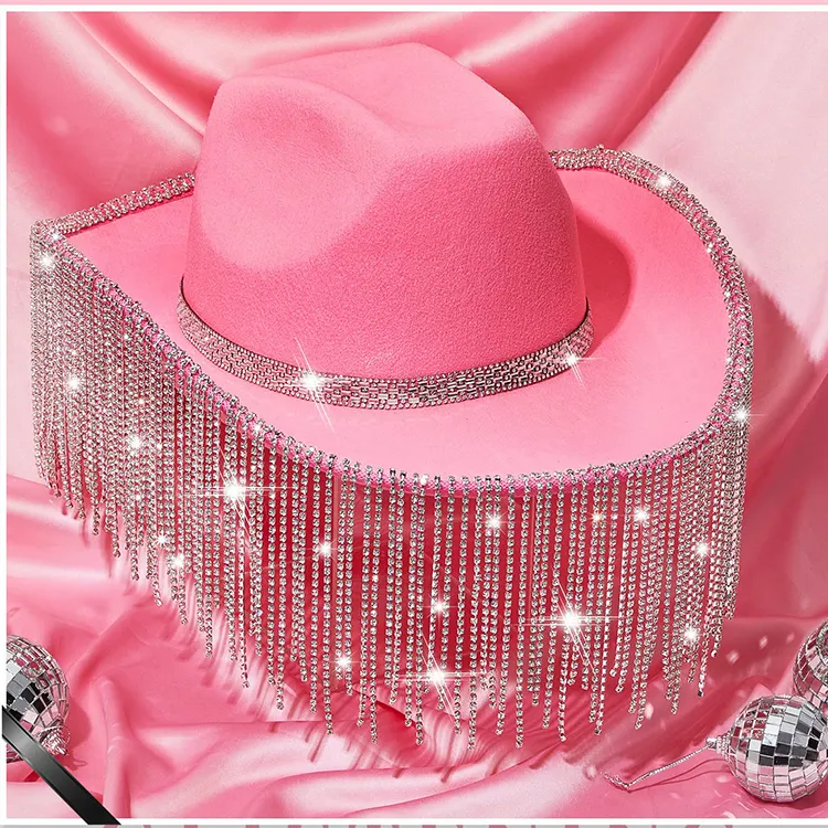 Элегантная стильная женская Милая ковбойская шляпа с бриллиантовой кисточкой, дизайнерская розовая ковбойская шляпа на заказ