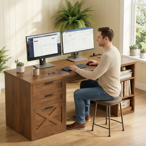 Bureau de direction de 55,1 pouces avec 3 tiroirs, bureau en forme de L, bureau d'ordinateur avec tiroir <span class=keywords><strong>à</strong></span> dossiers et étagères de rangement pour bureau <span class=keywords><strong>à</strong></span> <span class=keywords><strong>domicile</strong></span> - Product Image 6