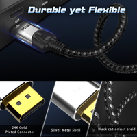 Câble VCOM 8K 60Hz vers DP 1.4V 10 pieds 3M tressé avec connecteur plaqué or pour moniteur de jeu