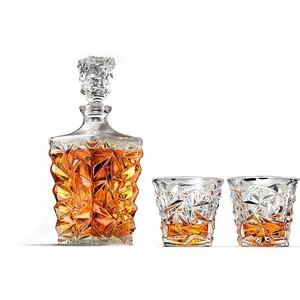 Decantador de whisky con corte de diamante, Juego de vasos para whisky (1 decantador + 4 gafas)