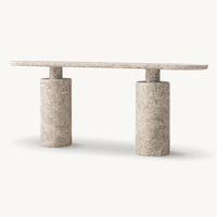 Table console en marbre travertin beige Dream Home, plateau fin de type piste de course, base double cylindre champignon, meuble d'entrée.