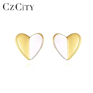 CZCITY yeni moda küçük 925 gümüş saplama 18K gül altın çift renk kaplama kalp şekli küpe kadınlar sevimli takı