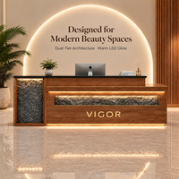 Comptoir d'accueil élégant pour salon, panneau en pierre décoratif et éclairage d'ambiance LED inférieur, table de réception commerciale avec logo personnalisé