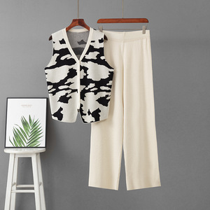 2026 Summer Casual Sleeveless Cardigan Leopard Print <b>Knit</b> <b>Set</b> for Women Loose Slimming Wide-Leg Pants Two-Piece ropa de mujer - Product Image 3