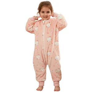 MICHLEY Hot Sale Children Pajamas Girls Jumpsuits Cat Cartoon One Piece Cute Sleeping Bag Autumn Kids Loungewear