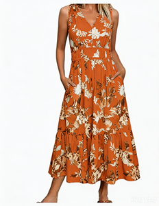 Vestido Midi de Gasa sin Mangas con Estampado Floral para Mujer, Cuello en V, Cintura Elástica, Corte en A, Holgado, con Bolsillos, Vestido Casual de Verano - Product Image 4