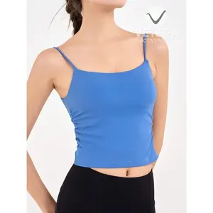 Top Corto de Yoga Azul Ajustado para Mujer Vetega con Diseño Fruncido y Tirantes Finos para Fitness y Entrenamiento, Camiseta sin Mangas de Algodón de Color Sólido - Product Image 5