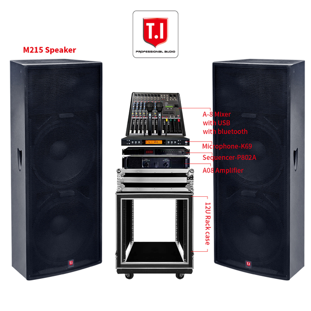 Dual 15 Inch Audio Sound Speaker Passive Dj pa System Outdoor Speakers Set with Amplifier Mixer Microphone