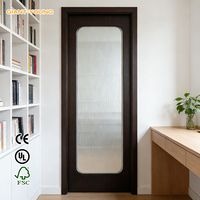 Porte en bois massif noyer foncé avec cadre moderne et verre cannelé, coins arrondis, pour chambre, salon, salle de bain, cuisine, extérieur