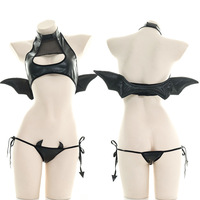 Set Bikini Halloween yang Menarik dengan Sayap Halter Berbahan Kulit Paten, Kostum Hantu Hitam Seksi untuk Wanita