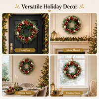 Guirlande de Noël artificielle en pin givré avec boules rouges, pommes de pin, baies rouges et breloque en bois pour porte d'entrée, cheminée et décoration murale de Noël