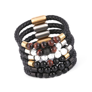 Natural Stone Beaded <b>Leather</b> <b>Bracelet</b> | Handmade Braided Genuine <b>Leather</b> with Magnetic PVD Gold Clasp | Men's Fashion Jewelry - Product Image 6