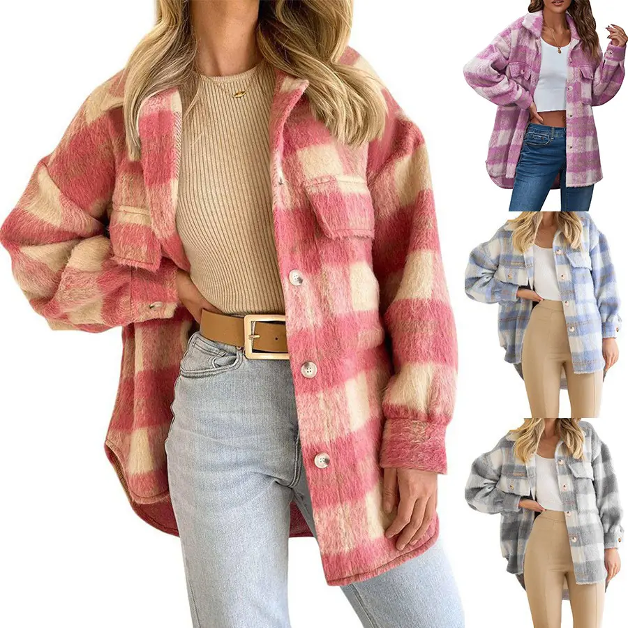 2022 Amazon Hot Selling Shacket Ladies Shirt Women Plaid Blouse Flannel Shacket Jacket for Women with Button Pocket