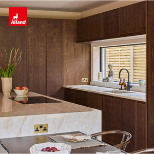 Armoire de cuisine de style farmhouse Alland en placage de <span class=keywords><strong>bois</strong></span> de chêne brun teinté avec bar à café et feuille de stratifié acrylique pour îlot - Product Image 2