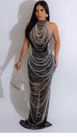 Femmes luxueuses et Sexy sans bretelles dos nu perle paillettes Extra longue robe noire élégante Banquet Club robe gilet