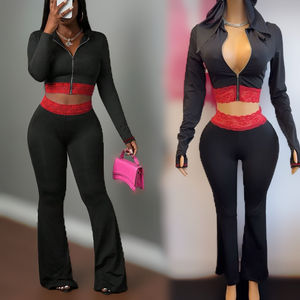 PEEQI K25L1168 Nuovo Completo Donna Primavera Autunno, Set Due Pezzi con <span class=keywords><strong>Pantaloni</strong></span> <span class=keywords><strong>Lunghi</strong></span> e Inserti in Pizzo, Sexy <span class=keywords><strong>Outfit</strong></span> Femminile 2026 - Product Image 1