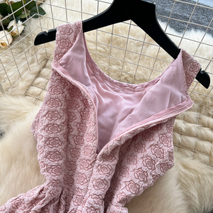 فستان سهرة فاخر بتصميم كلاسيكي مزين بالخرز برقبة مستديرة وبدون أكمام مع كورسيه مزين بالزهور للحفلات الصيفية الأنيقة - Product Image 3