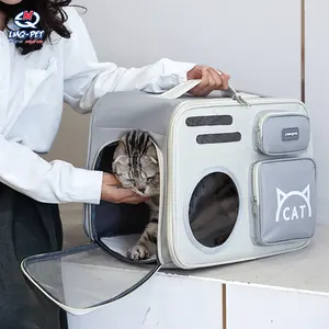 Mochila de transporte personalizada para cães e gatos, mochila de nylon em couro para transporte de cães e gatos, mochila à prova d'água para viagem com zíper