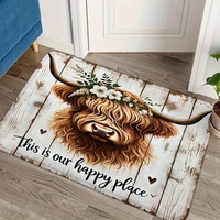 Tapis de porte Kongyu Home Textiles Highland Cow, tapis de bienvenue style ferme, couronne florale, bois rustique, tapis d'entrée antidérapant, décoration intérieure